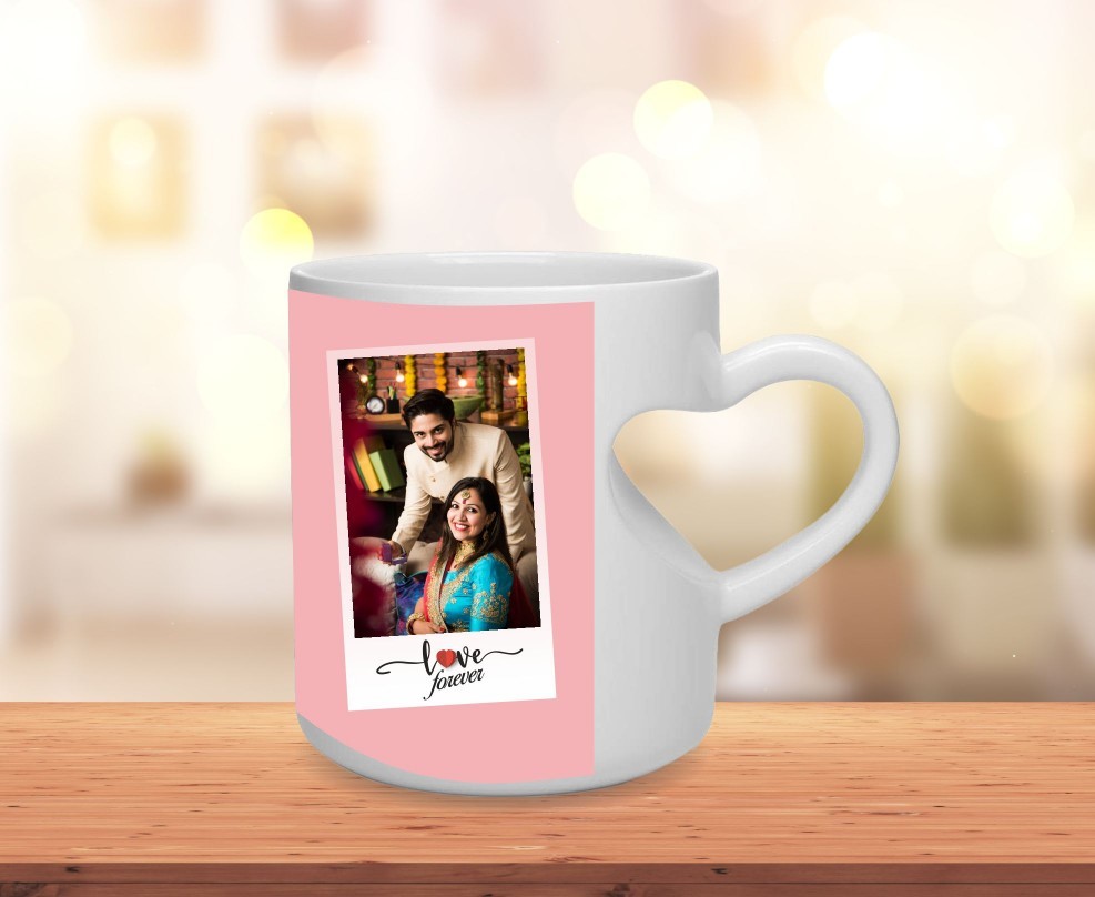 Personalized Heart Handle Photo Mug – White Ceramic Gift for Couples & Family