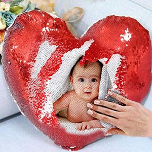 Custom Heart-Shaped Magic Sequin Pillow with Photo Print – Personalized Flip Glitter Cushion Gift