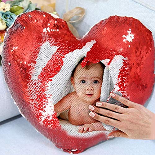 Custom Heart-Shaped Magic Sequin Pillow with Photo Print – Personalized Flip Glitter Cushion Gift