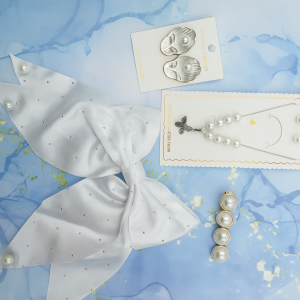 White Pearl Accessories Combo – Hair Bow, Hair Pin, Earrings & Chain for Girls and Women