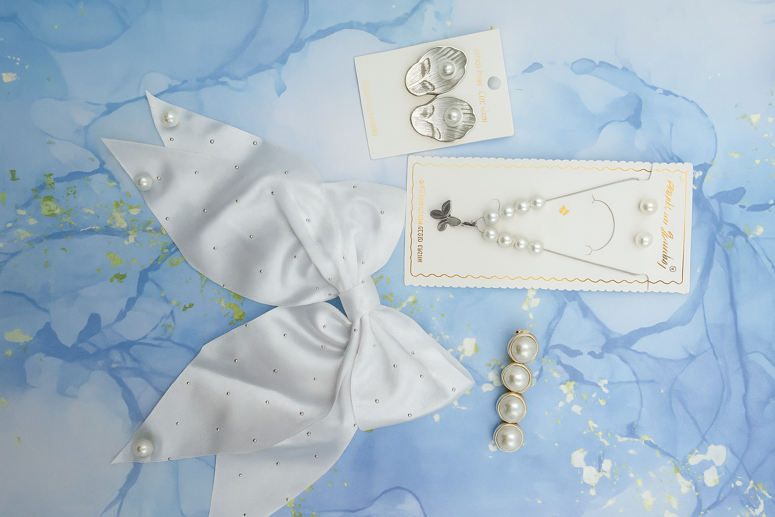 White Pearl Accessories Combo – Hair Bow, Hair Pin, Earrings & Chain for Girls and Women