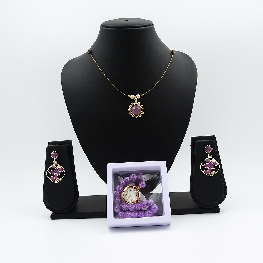 Violet Jewellery & Watch Combo Set – 3-Piece Stylish Chain, Earrings & Analog Watch for Women & Girls